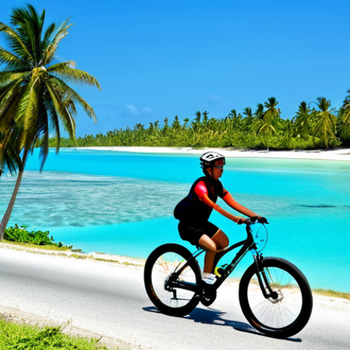 Lagoon Cycling Scene**

"A scenic view of Funafuti's lagoon with a person cycling along the coast, fully clothed in modest athletic wear, turquoise water, small islands in the distance, palm trees, clear blue sky, safe for work, appropriate content, perfect anatomy, natural proportions, professional photography, high quality, family-friendly."

**