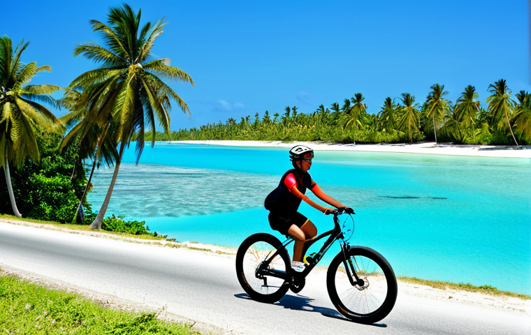 Lagoon Cycling Scene**

"A scenic view of Funafuti's lagoon with a person cycling along the coast, fully clothed in modest athletic wear, turquoise water, small islands in the distance, palm trees, clear blue sky, safe for work, appropriate content, perfect anatomy, natural proportions, professional photography, high quality, family-friendly."

**
